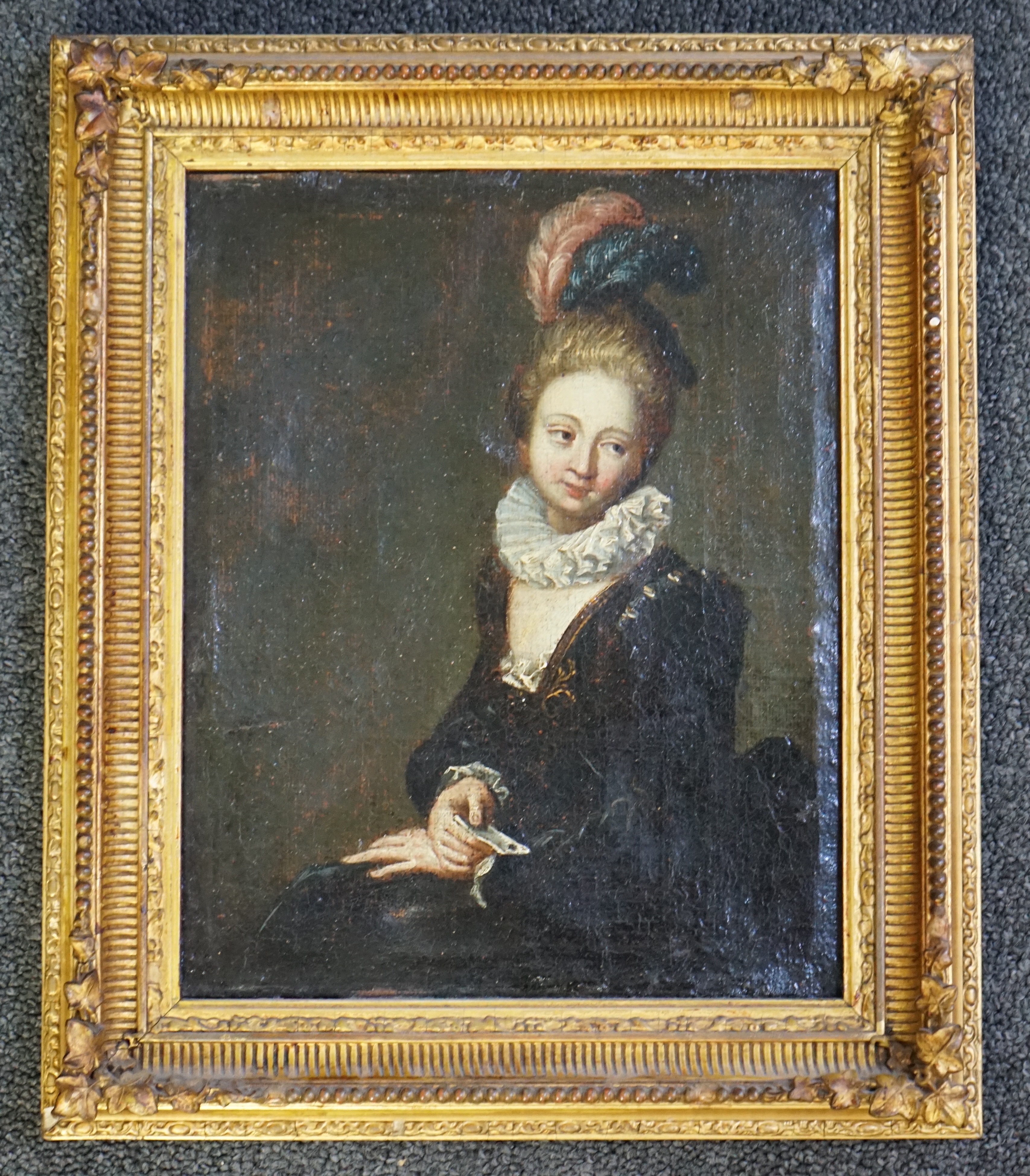 Late 18th Continental School , Portrait of a seated lady wearing a black dress, lace ruff and feathered headdress, oil on canvas, 25 x 21cm